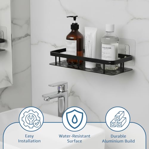 Image of Amazon Basics Self-Adhesive Aluminium Bathroom Wall Shelf | Water-Resistant | Pack of 2 | Tool-Free Installation | Black | 30D x 13W x 5.5H cm