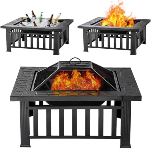 Panovue Fire Pit Table 32 Inch Square Metal Stove for Patio, Backyard, Garden | Multifunctional Outdoor Fireplace for Camping, Heating, Bonfire & Picnic