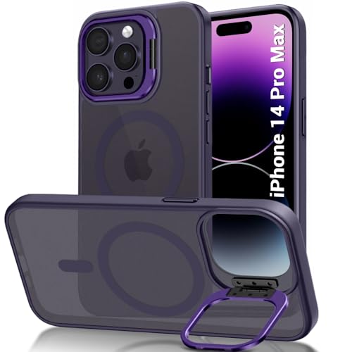 Image of TheGiftKart Hybrid Matte Frosted Back Cover Case for iPhone 14 Pro MAX Compatible with MagSafe | Built-in Stand | Shockproof Hard Back Case Cover for iPhone 14 Pro MAX (PC & TPU, Translucent Purple)