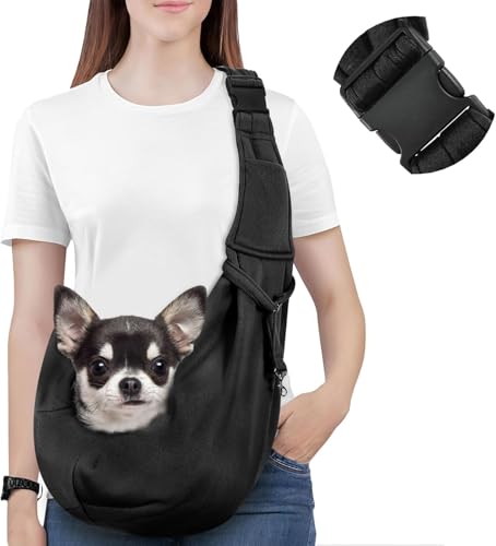 Pawaboo Tragetuch für Kleine Hunde, Reversible Welpentrage Freihändig Hundeschlinge Tragetasche für Kleine Hunde und Katzen mit Verstellbaren Riemen Schnalle & Sicherheit Geschirr, Schwarz