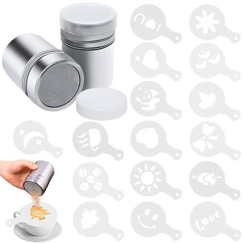 2 Stück Kakaostreuer Edelstahl mit 16 Pcs Kaffee Schablonen, Mehlstreuer mit Deckel Puderzuckerstreuer für Cappuccino, Kakaopulver Streuer zur Dekoration von Kaffee Kuchen 2 Stück Kakaostreuer Edelstahl mit 16 Pcs Kaffee Schablonen, Mehlstreuer mit Deckel Puderzuckerstreuer für Cappuccino, Kakaopulver Streuer zur Dekoration von Kaffee Kuchen