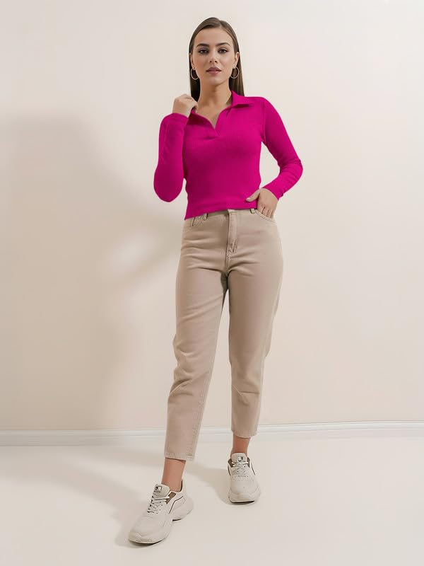 Image of Dream Beauty Fashion Women's Collared Neck Long Sleeve Slim Fit Casual Tee Top, 23 inch inches (Apple-01-P)