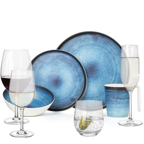 Vaisselle de camping en mélamine - Pour 4 personnes - Océan profond + 16 verres à timo - Verres à vin - Verres à champagne - Vaisselle de table pour pique-nique et barbecue