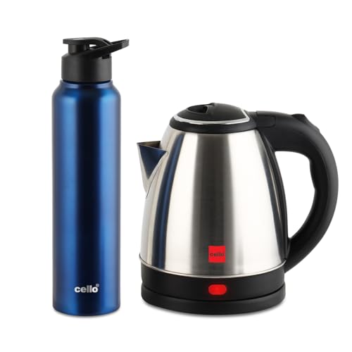 Image of CELLO Lifestyle Stainless Steel Electric Kettle 1.5L + Sippa Steel Water Bottle 1000 ml Blue Combo | Double Wall, Auto-Shut Off Protection, Cool Touch Handle | Electric Kettle For Boiling Hot Water