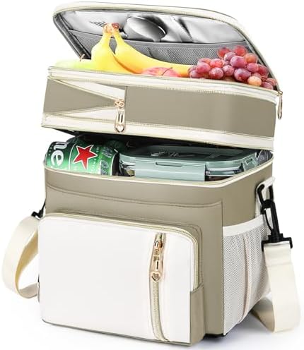 LOKASS Expandable Lunch Box for Women | Adult Lunchbag Cooler Tote Bag with Adjustable Shoulder Strap | Insulated Reusable Womens Lunch Bags for Work Camping Beach | 16L, Beige
