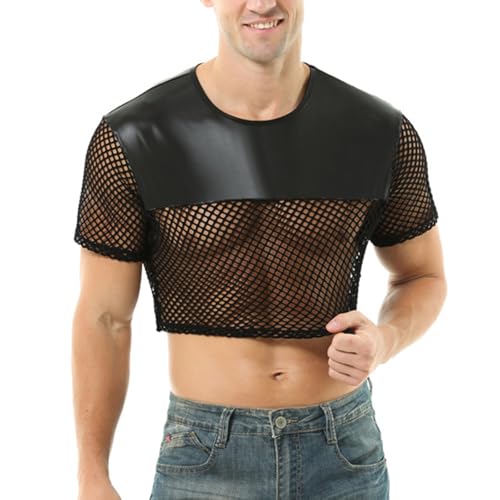 GENEMEN Mens Fishnet Shirt Ver a través de Crop Top Sexy Mesh T Shirts Fiesta Clubwear (Negro, XL)