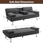 VECELO Modern Convertible Folding Futon Sofa Bed with Removable Armrests Breathable Linen Recliner Couch for Living Room/Apartment Lounge, 2 Cup Holders, Grey - Image 3