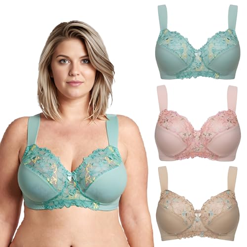 Image of Curve Muse Plus Size Minimizer Unlined Wireless Bra with Lace Embroidery-3Pack