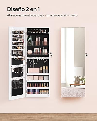 SONGMICS Armario Joyero, Espejo Joyero Montado en la Pared o en la Puerta, Espejo Colgante con Cerradura, 2 Organizadores de Maquillaje de Plástico Extraíbles, Idea de Regalo, Blanco JJC001W01