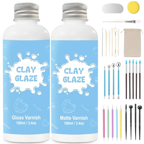 EIGTWEN 2 x 100ml Air Dry Clay Glaze and 29pcs Clay Tools Kit, Gloss Airdry Varnish Protects Pottery from Surface Wear, Pottery Tools Can be Used for Stippling, Carving, Molding(Gloss+Matte)