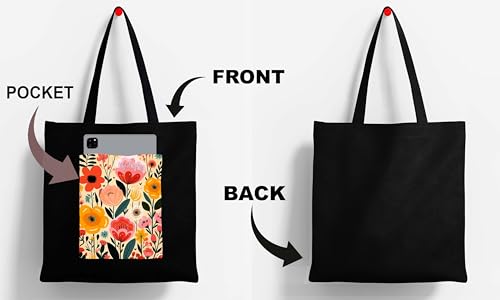 Image of ZORI Black Tote Bag With Pocket Printed Designed Canvas Tote Bags For Women large capacity,Tote bag For Shopping, College, Travel, More Canvas Handbag For Unisex Bag
