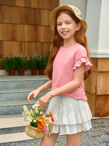 Image of Haloumoning Girls Ruffle Short Sleeve T Shirts Kids Summer Crewneck Tops Cute Tees Blouse 5-14 Years