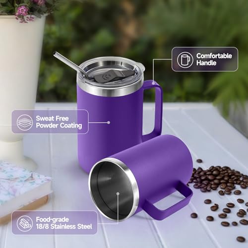 Volhoply 16oz Insulated Coffee Mug with Lid and Straw, Stainless Steel Travel Mugs with Handle, Double Wall Vacuum Leak Proof Coffee Tumbler Cup (Purple,1) by Volhoply - Used condition - Image 4