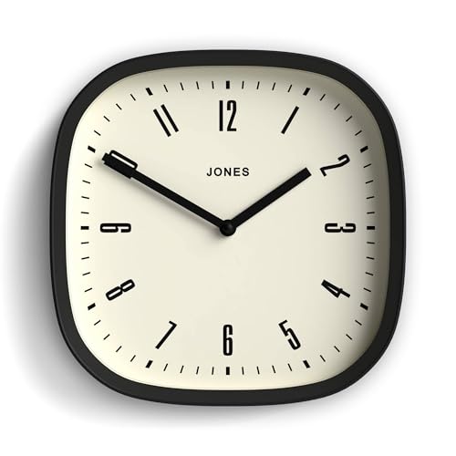 JONES CLOCKS® Marvel Wall Clock | Modern Retro Rounded Square Clock | 10 inch | Black | Cool Designer Look for Kitchen, Living Room or Office
