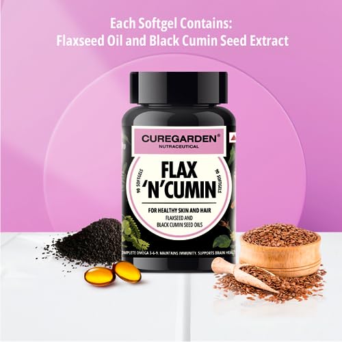 Image of Curegarden Flax 'N' Cumin - Flaxseed Oil Capsules with Black Cumin Oil - Softgels for Healthy Hair & Skin - Dairy & Gluten Free - Certified - 500mg - 90 Capsules