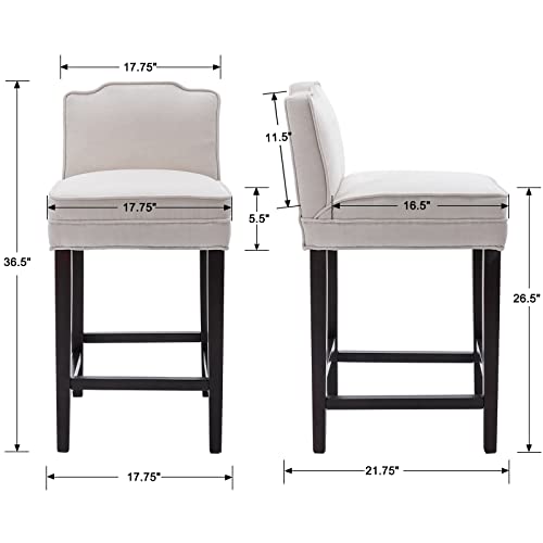Duomay Modern Bar Stools Set Of 2, 26" Counter Height Bar Chairs With Back, Soft Chenille Fabric Kitchen Island Chair Barstools With Wood Legs For Dining Room Bar Coffee Shop, Beige #TOP1