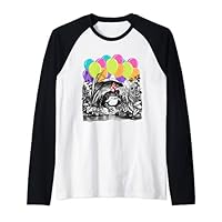 Birthday Cottagecore Frog under Mushroom Umbrella Balloons Raglan Baseball Tee