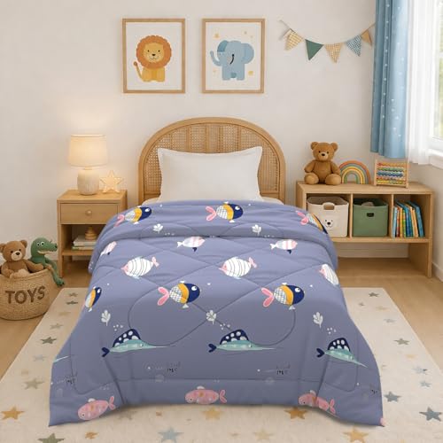 Image of MORADO Glace Cotton AC Comforter /Blanket /Quilt for Single Bed | Soft & Breathable Lightweight AC Quilt | Reversible All Season Bedding Comforter |Size 60x90 Inches,Fish & Grey,Single