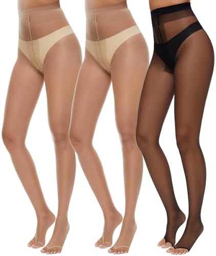 MANZI 3 Pairs Toeless Pantyhose Tights for Women Ultra Thin 10D Toe Open Control Top Pantyhose(2 Natural+1 Black,S