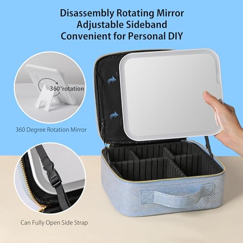 Portable Travel Makeup Bag with Mirror and Light - 3 Colors,Adjustable Brightness Spacious Cosmetic Organizer,Mermaid Shine Blue3