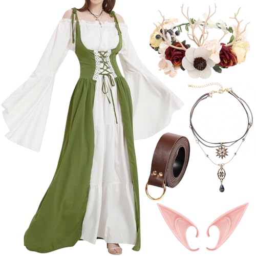 WILDPARTY Vestido medieval para mujer, ropa renacentista, collar de orejas de elfo, corona de flores, cinturón de piel, mangas de trompeta, Halloween, cosplay, carnaval, disfraz, vestido largo de