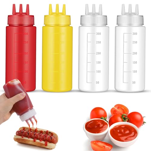 Grevosea 4 Pcs Squeeze Bottles for Sauces, 300ml/10oz 3-Hole Ketchup Bottles Squeeze Plastic Condiment Bottle for Sauce Ketchup Mustard Syrup BBQ Squirt Bottle for Kitchen Arts and Crafts