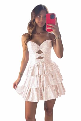 Sparkly Beaded Homecoming Dresses for Teens Strapless Satin Cut Out Tiered A Line Mini Cocktail Party Gowns