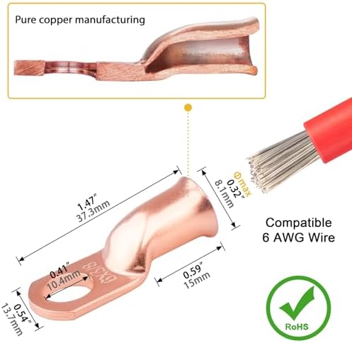 6pcs 6 Awg - 3/8" (M10) Sanuke Wire Lugs Ring Terminal Connectors Ends Heavy Duty for Battery Cable Lug Wire Electrical Eyelets with 3:1 Dual Wall Adhesive Heat Shrink