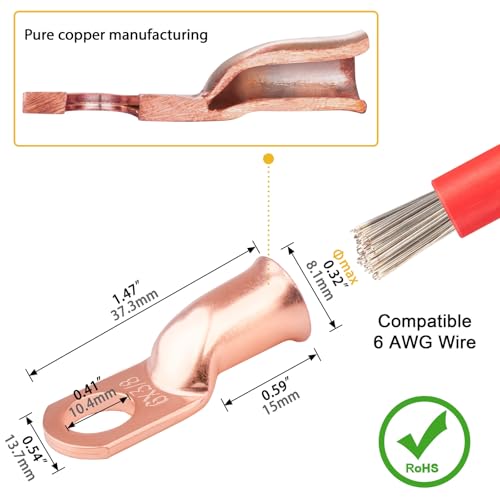10pcs 6 Awg - 3/8" (M10) Sanuke Wire Lugs Ring Terminal Connectors Ends, Heavy Duty Wire Connectors, Battery Cable Lug Wire Electrical Eyelets with 3:1 Dual Wall Adhesive Heat Shrink