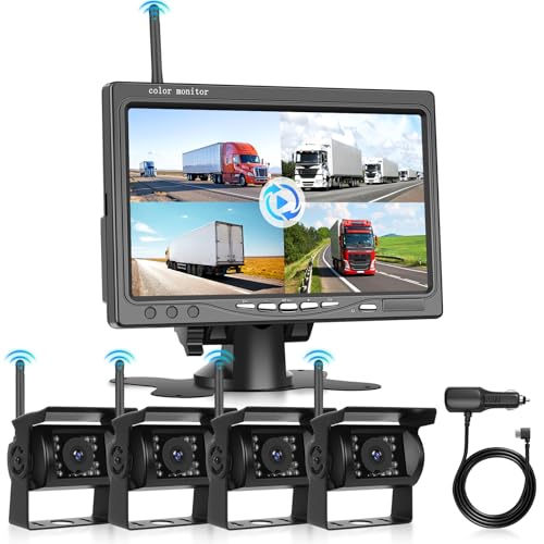 4 Channel Backup Camera for Car Truck Digital Wireless Rear View Monitor with Blind Spot Warning Reverse Cameras Waterproof Night Vision, Recording, Driauto 7 Inch Quad Split Screen Camera System