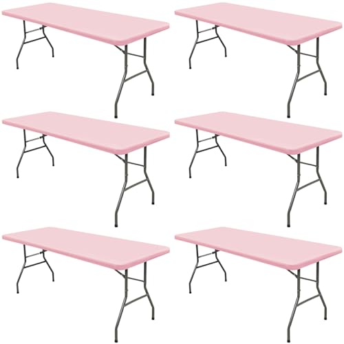 6 Pack Picnic Table Cover Fitted Elastic Tablecloth for 8 Foot Rectangle Tables Waterproof Stretch Washable Folding Indoor Outdoor Spandex Table Cloth for Parties Banquet Camping (Pink,30" x 96")
