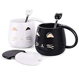 Anglice Home Süße schwarze und weiße Katze Tassen Set, lustige Keramik Kaffeetassen mit Löffel und Deckel, Neuheit Kaffeetasse Tasse für Valentinstag Hochzeit
