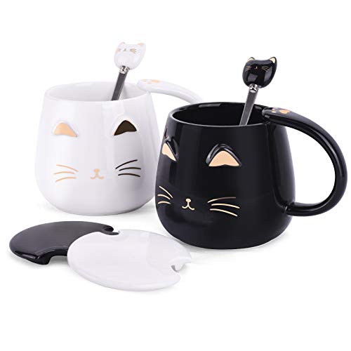 Anglice Home Cute Black and White Cat Mugs Set, Funny Ceramic Coffee Mugs with Spoon and Lid, Novelty Coffee Mug Cup for Valentines Day Wedding