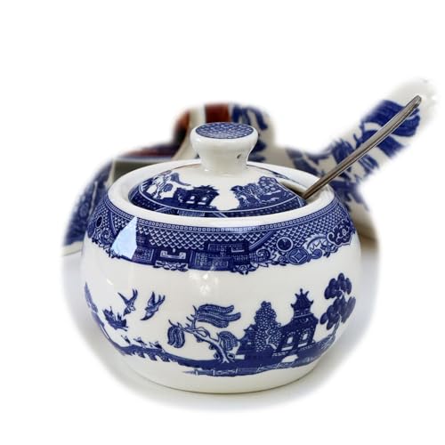 Darthome Sugar Pot with Lid Blue Willow Ceramic English Tableware Serving Storage Bowl