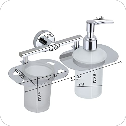 Image of Stainless Steel Toothbrush Holder with Glass Tumbler & Liquid Soap Dispenser Set - Wall Mounted 2-in-1 Bathroom Organizer, Chrome Finish (Square /Frosted Glass) (E 3712)