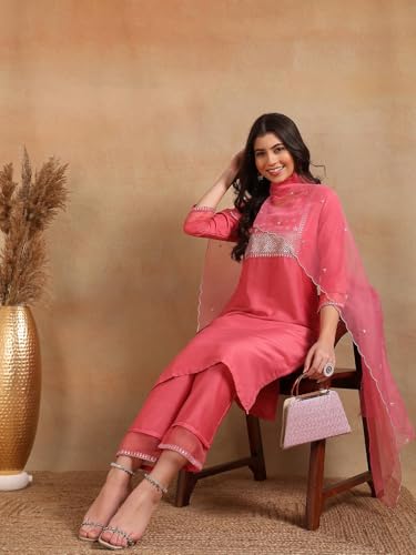 Image of Vaamsi Women's Silk Blend Sequins Yoke Design Straight Kurta Pant With Dupatta