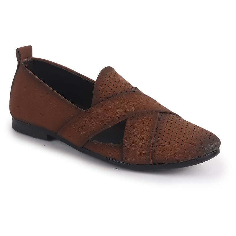 Image of FAUSTO Men Criss Cross Strap Perfortated Velvet Slip On Ethnic Juttis | Prom Slip On Shoes for Wedding, Festive | Loafer Shoes with Memory Cushioned Insole