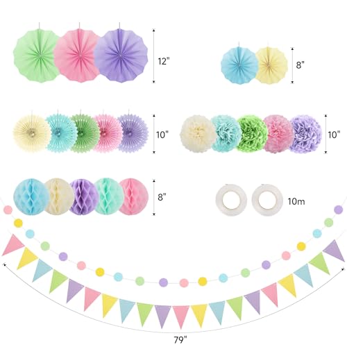 Image of 24Pcs Birthday Pastel Party Decorations for Girl with Paper Fans Pom Poms