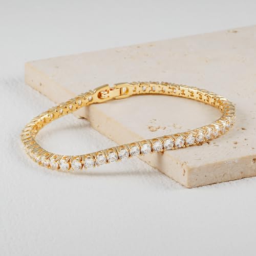 14K White/Yellow Gold Plated Cubic Zirconia Classic Tennis Bracelet for Women 3mm CZ stones,adjustable size 6-7.5 inch，elegant Tennis Chains2