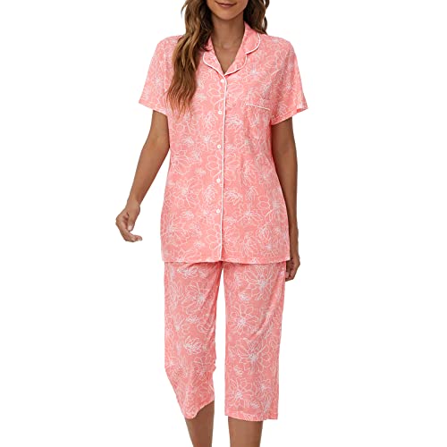 Image of Tugege Capri Pajamas Set Womens Button Down Short Sleeve Lounge Sets Sleepwear Notch Collar Top & Capri 2 Piece PJ Sets