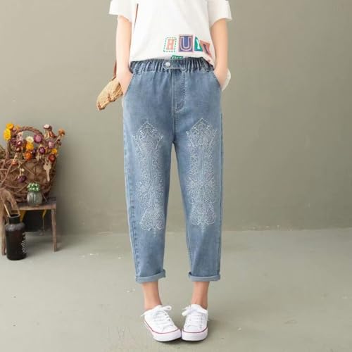 Women's Capri Pants Summer Wide Leg High Waist Pants Drawstring Casual Pants with Pockets Embroidery Jeans Blue2