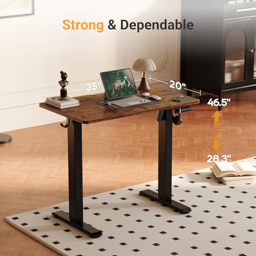 Image of YDN 35 inch Small Electric Standing Desk Adjustable Height, Sit Stand up Desk with Memory Presets & Cable Management, Home Office Desk for Office & Computer Workstation, Black Frame /Rustic Brown Top