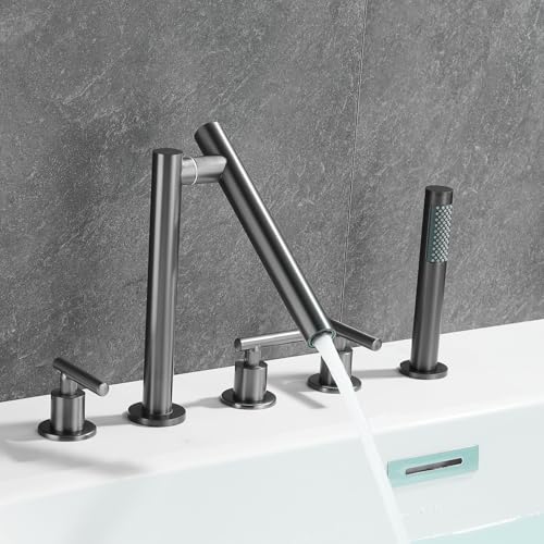 Mitigeur de bain-douche gris sur pont avec robinets doubles à levier et douchette