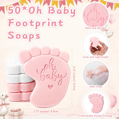 Image of 50 Sets Baby Shower Soap Favors for Guests - Mini Handmade Footprint Scented Soap with Thank You Cards and Organza Bag, Party Gifts for Gender Reveal Baptism(Goose,Pink and White)