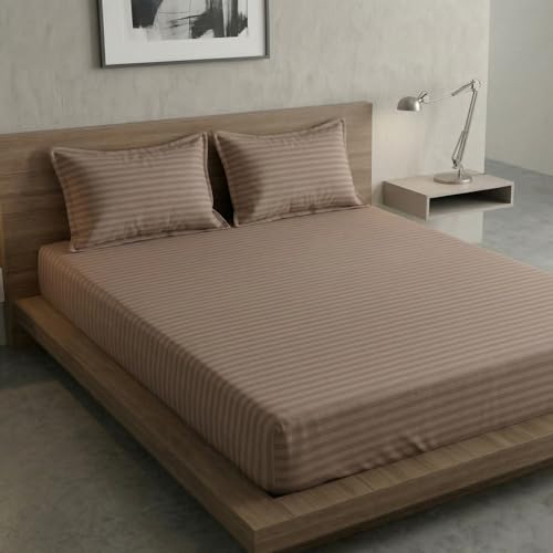 Image of Home Sizzler Microfibre Beige Satin Stripe Double Bedsheet with 2 King Size Pillow Covers