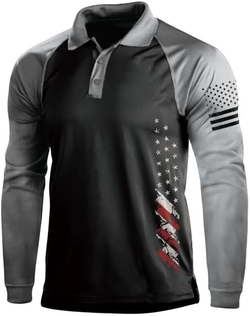 BlackTeak Men's Patriotic Long Sleeve Polo Shirt Patriotic Casual American Flag Graphic Golf Polo Shirts
