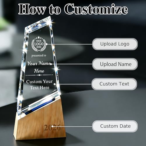 Image of Custom Crystal Award Trophy, Personalized Trophy with Company Logo & Text