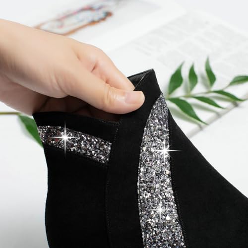 DINTAHA Womens Sparkly Boots,Suede Ankle Boots For Women,Chunky Heel Side Zip Sparkle Glitter Booties2