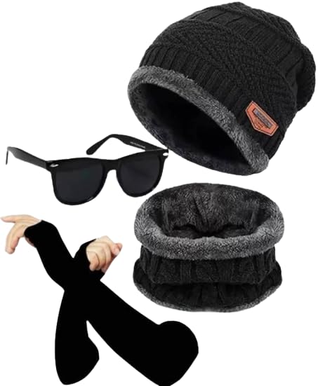 GenericGiffemans Winter Beanie Cap, Scarf, Arm Gloves Set & Random Color Sunglass for Men/Women - Stretch Warm Stylish Latest Cap for Boys