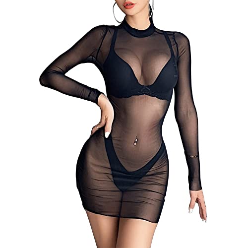 ROSVAJFY Robe Transparent Lingerie Sexy pour Femme, Mini Robe Noire Manches Longues Bikini Couvrir Semi-Transparent Mince Col Rond Chemise de Plage Haut d'Été, Noir , Taille Unique